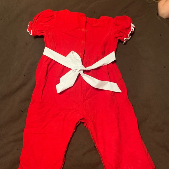 Monogrammed Christmas Red Corduroy Ruffled Romper with A monogram - Picture 2 of 2